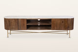 Arpino media console in walnut, straight front view: two reeded doors, an open centre with one shelf and two cable holes