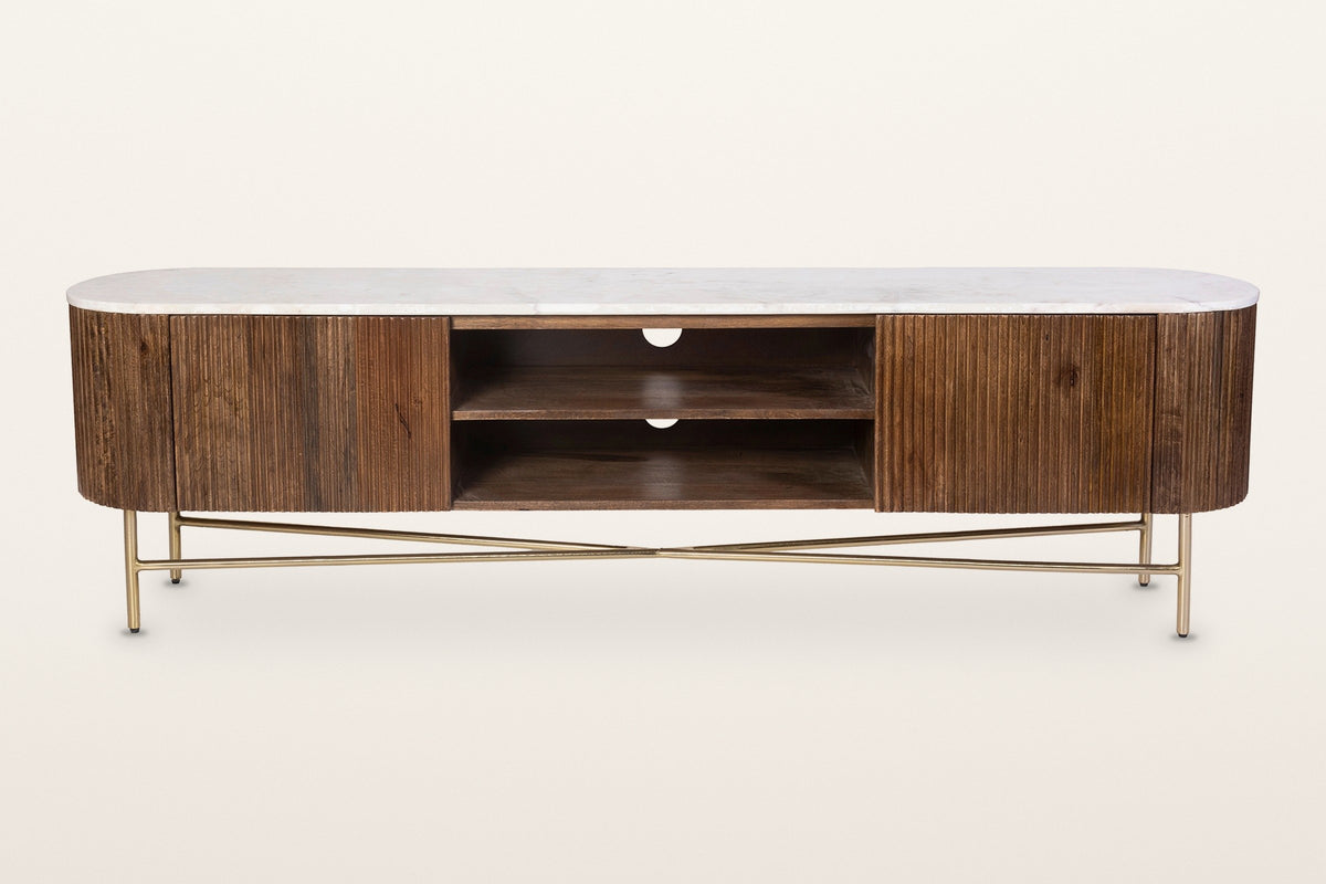 Arpino media console in walnut, straight front view: two reeded doors, an open centre with one shelf and two cable holes