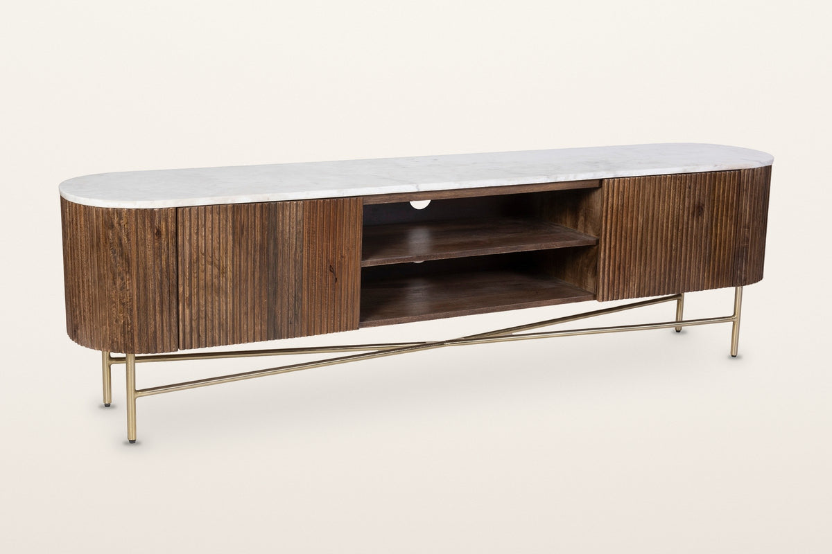 Arpino reeded mango wood media console in walnut with a white marble top and an aged gold base