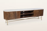 Arpino reeded mango wood media console in walnut with a white marble top and an aged gold base