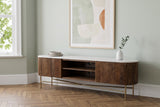 Arpino media console in walnut against a soft sage-green wall in a Toronto living room