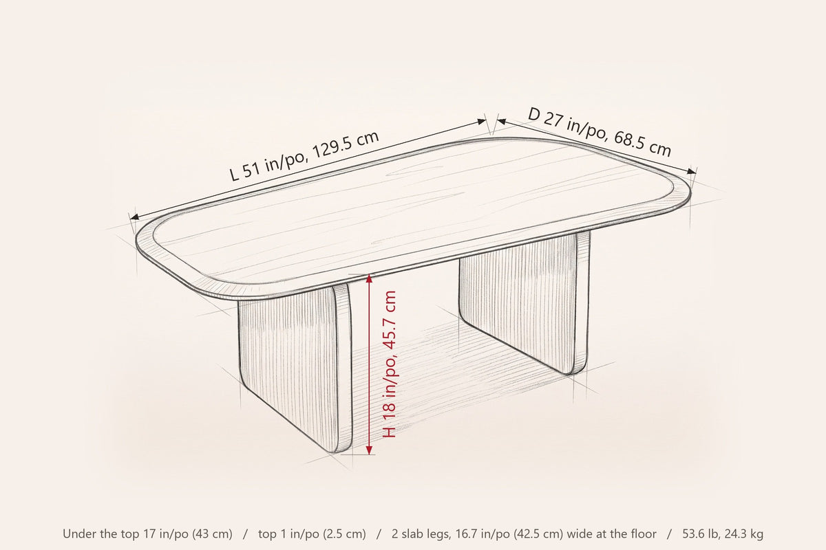 Arquata coffee table dimensions: 51 in long, 27 in deep, 18 in high