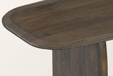 Close-up of the Arquata top in mocha: the rounded corner, the bevelled band along the edge and the grain of solid mango wood