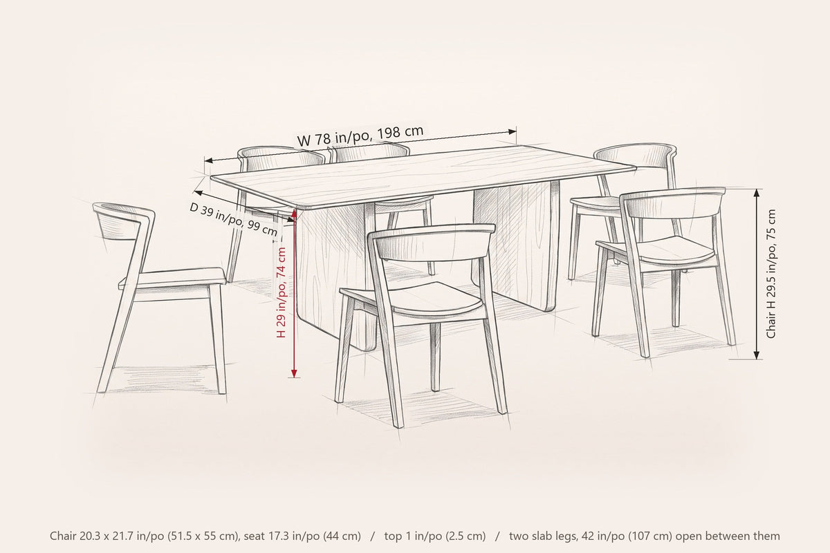 Arquata dining set dimensions: table 78 in long, 39 in deep, 29 in high; chair 29.5 in high, seat 17.3 in