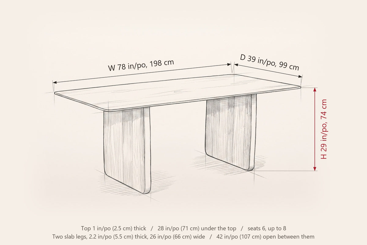 Arquata dining table dimensions: 78 in long, 39 in deep, 29 in high