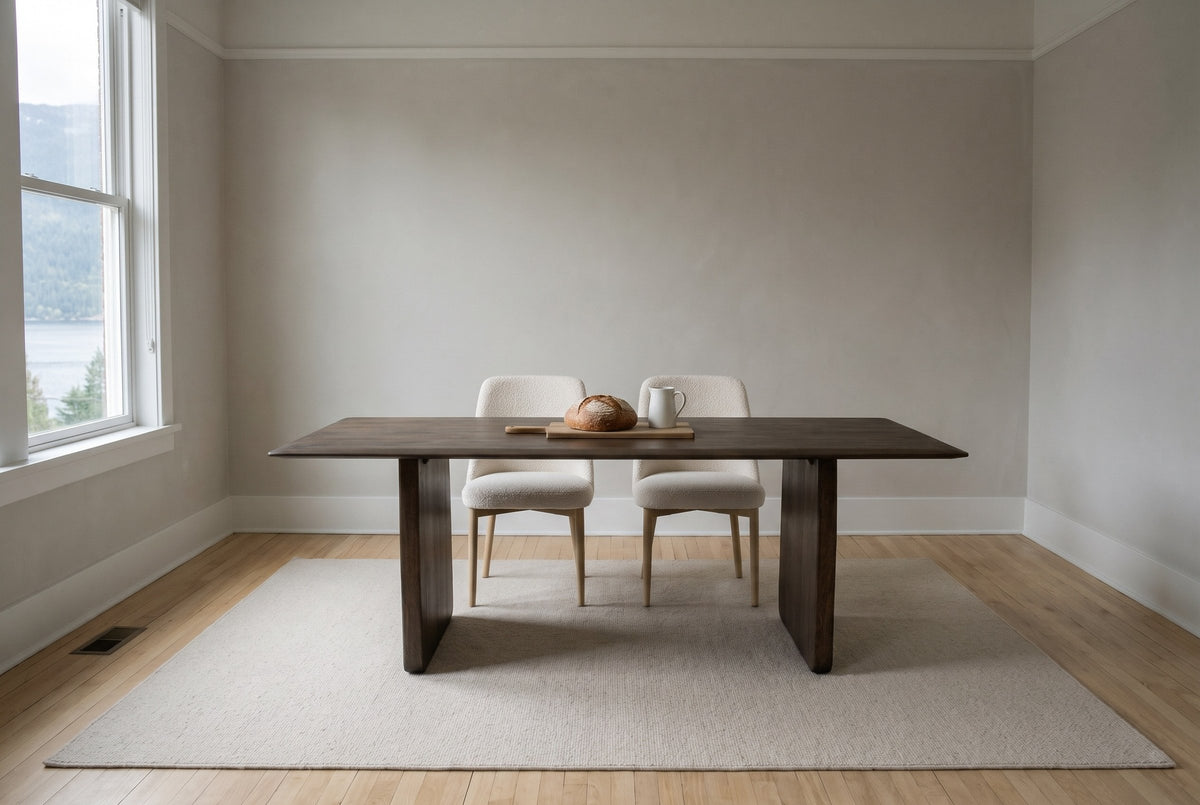 Arquata dining table in mocha mango wood on an oatmeal rug in a Nelson heritage-house dining room with ivory boucle chairs, Kootenay Lake and mountains through the window