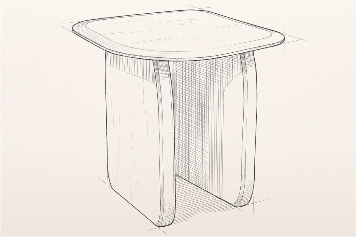 Pencil sketch of the Arquata side table, three-quarter view from above