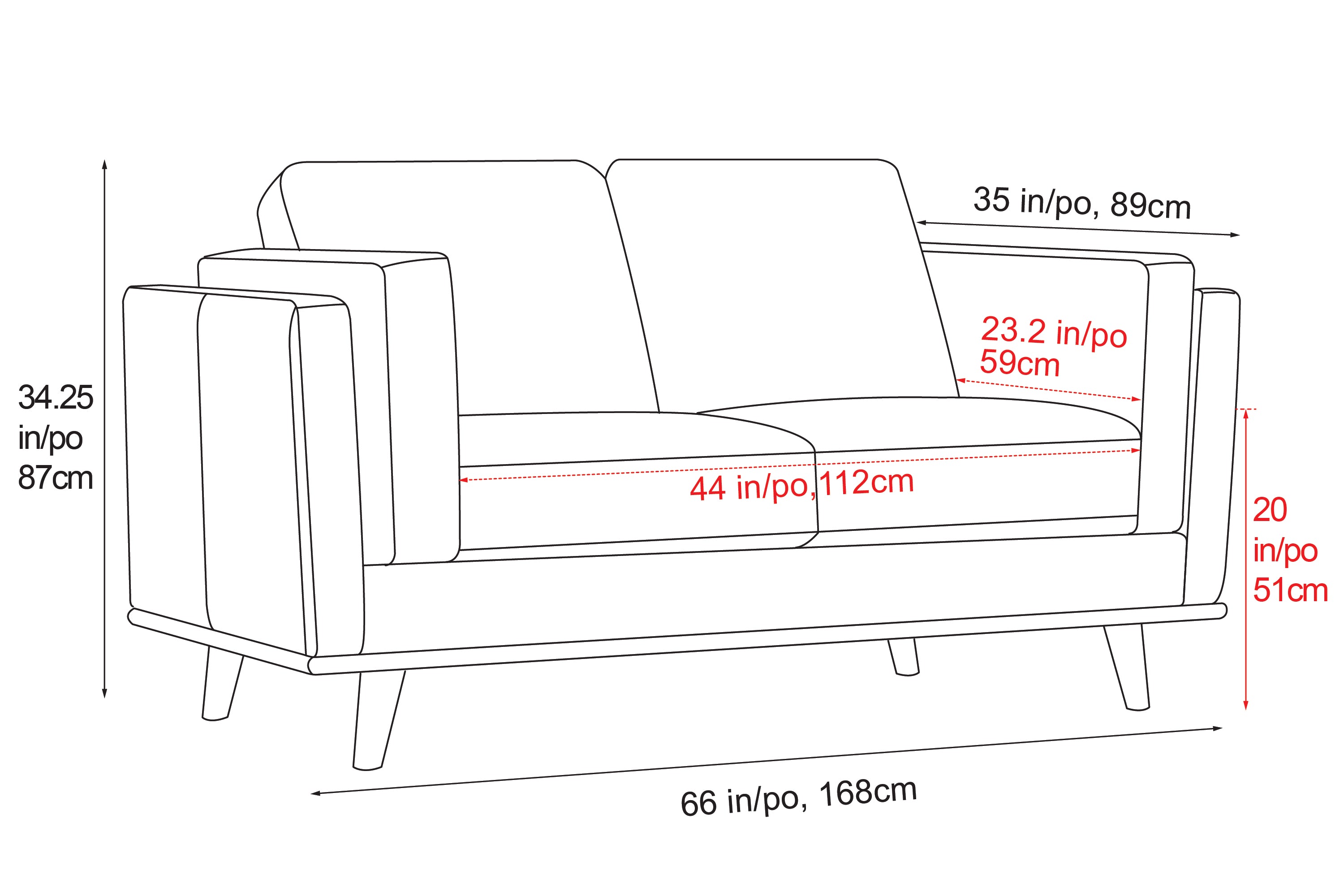 Dimension of A Modern, Cognac, Loveseat, Leather Artisan Sofa, Overall Height 34.25" Inches/87CM, Overall Wide 87.8" Inches/223CM, Overall Depth 34.25" Inches/87CM, Seat Depth 23.2" Inches/59CM, Seat Height 20" inches/51CM, Seat Width 44" inches/112CM