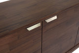 Close-up of Ashby inset brass pulls and patchwork acacia door fronts