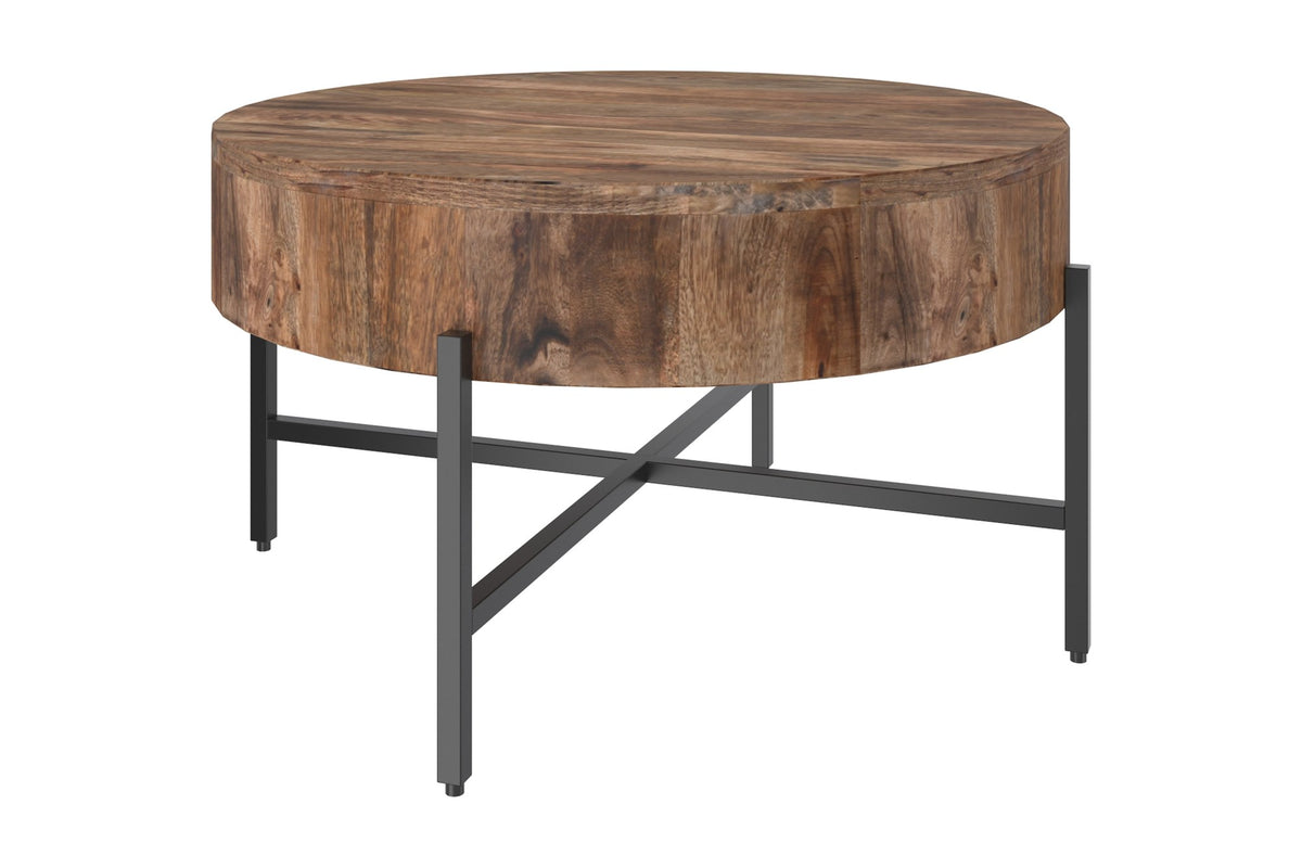 Ashford round coffee table with a solid mango wood drum top and black iron X-base, three-quarter view