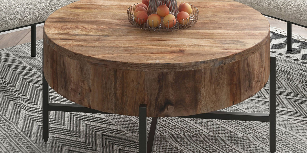 Ashford Mango Wood Round Coffee Table with Iron Base