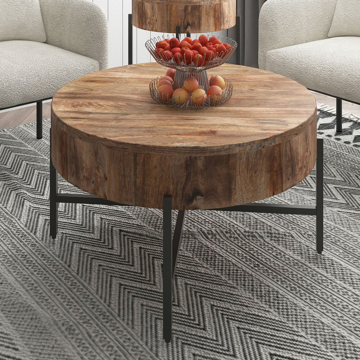 Ashford Mango Wood Round Coffee Table with Iron Base