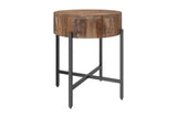 Ashford round side table with a solid mango wood drum top and black iron X-base, three-quarter view