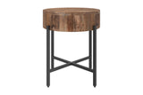 Ashford round side table, side view of the drum top and X-shaped iron stretcher