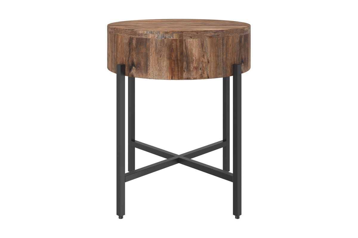 Ashford round side table, side view of the drum top and X-shaped iron stretcher