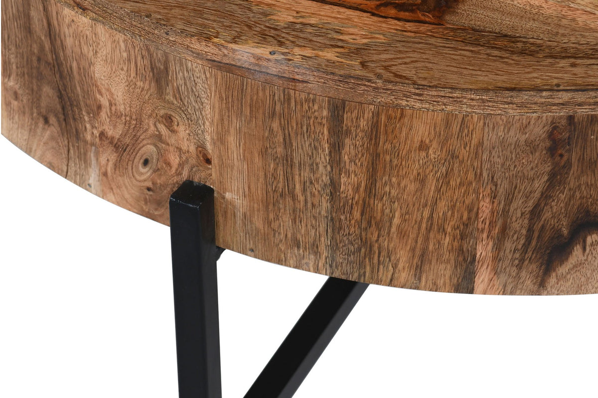 Close-up of the Ashford mango wood drum edge and black iron leg