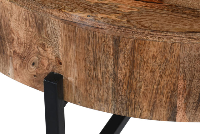 Ashford Mango Wood Round Side Table with Iron Base - Solid Mango Wood Drum