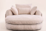 Asolo chaise lounge in Beige chenille, front view: the oval seat cushion, the channelled base and four pillows