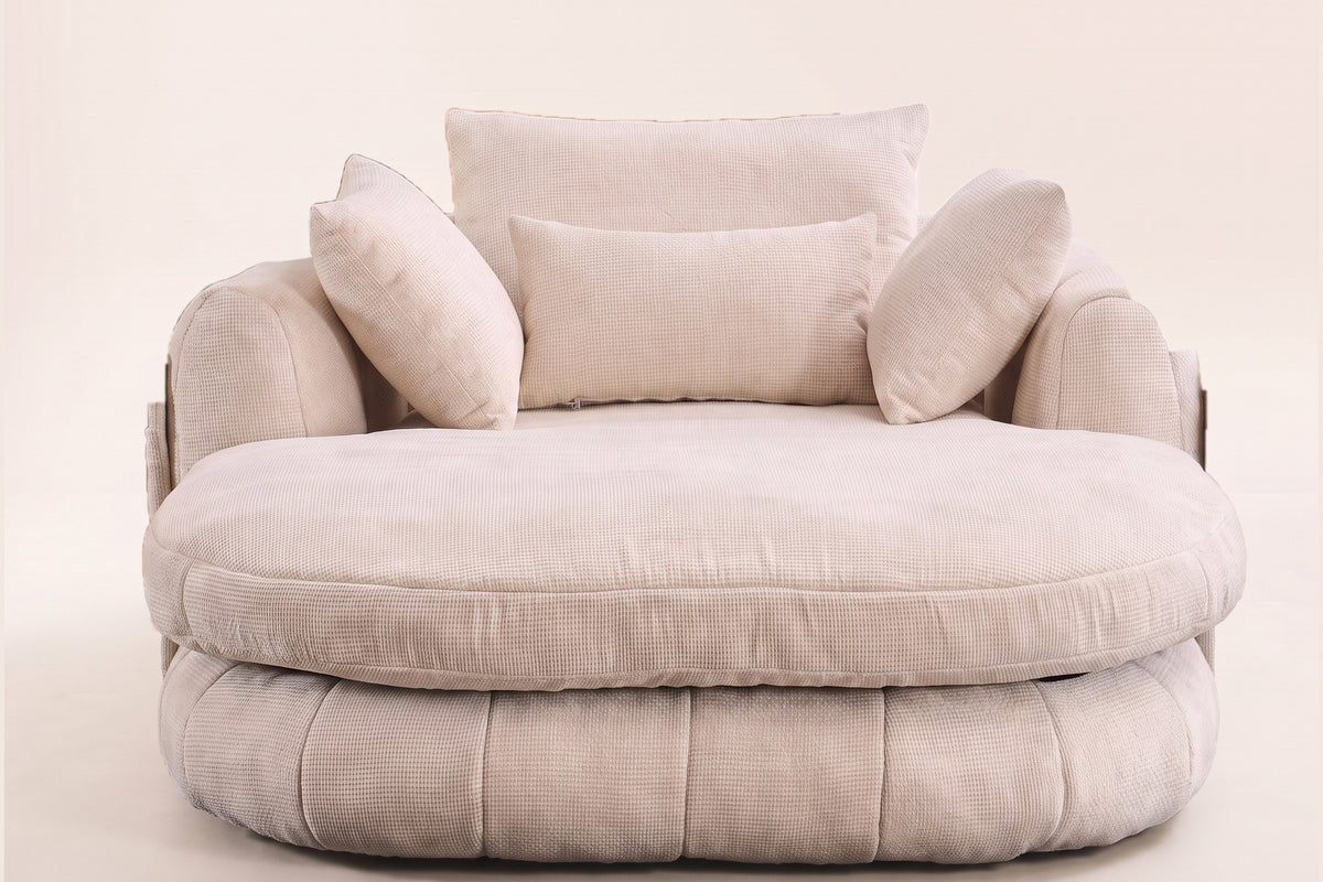 Asolo chaise lounge in Beige chenille, front view: the oval seat cushion, the channelled base and four pillows