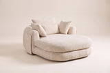 Asolo chenille chaise lounge chair in Beige, three-quarter view on a warm off-white backdrop