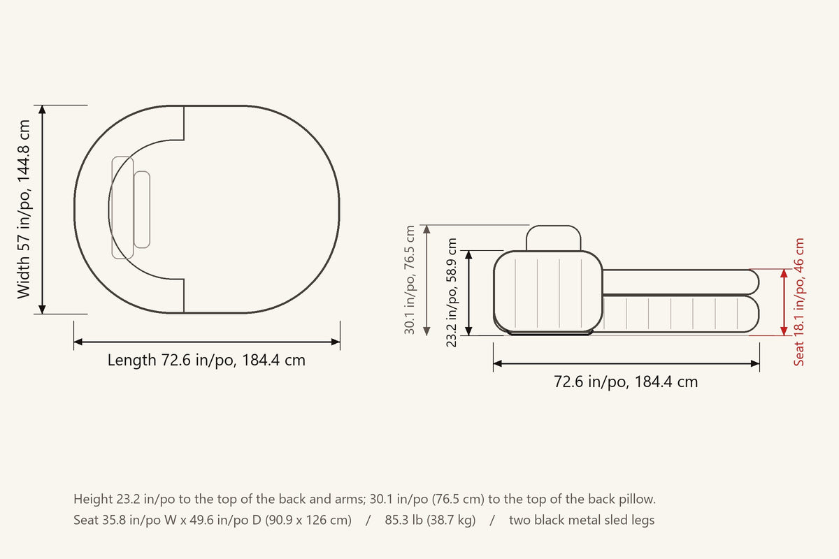 Asolo dimensions: 57 in wide, 72.6 in long, 23.2 in high, 30.1 in to the top of the back pillow, seat height 18.1 in
