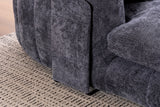 Close-up of the grey Asolo arm with its side pocket and the black metal sled leg at the floor