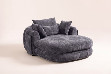 Asolo chenille chaise lounge chair in Grey, three-quarter view on a warm off-white backdrop