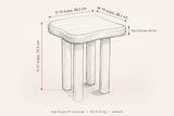 Atri dimensions on a pencil sketch of the side table: 21 in high, 19 in deep, 19 in wide, top 2.6 in thick