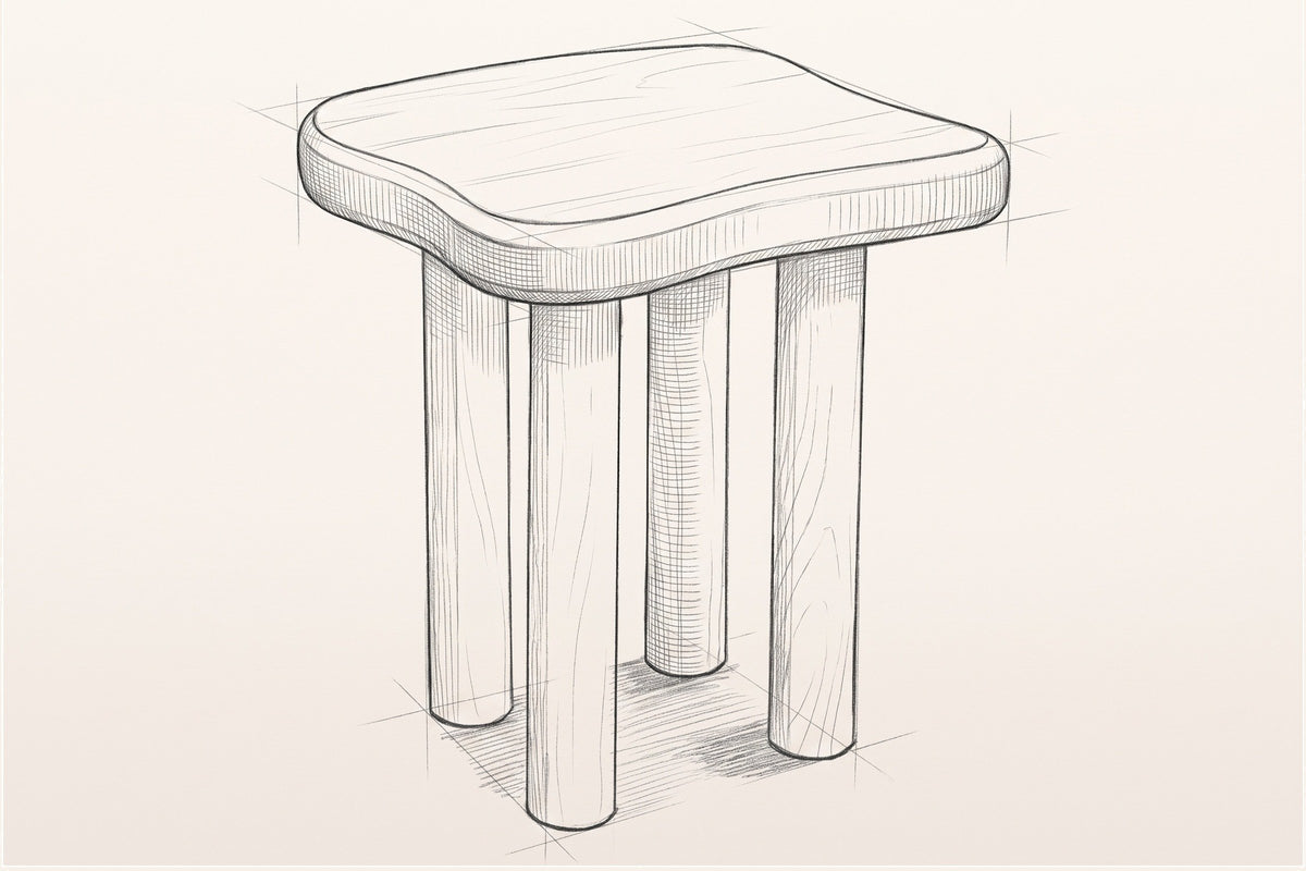 Pencil sketch of the Atri side table, three-quarter view from above