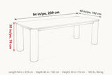 Atzara dimensions on a pencil sketch of the table: 94 in long, 40 in deep, 30 in high