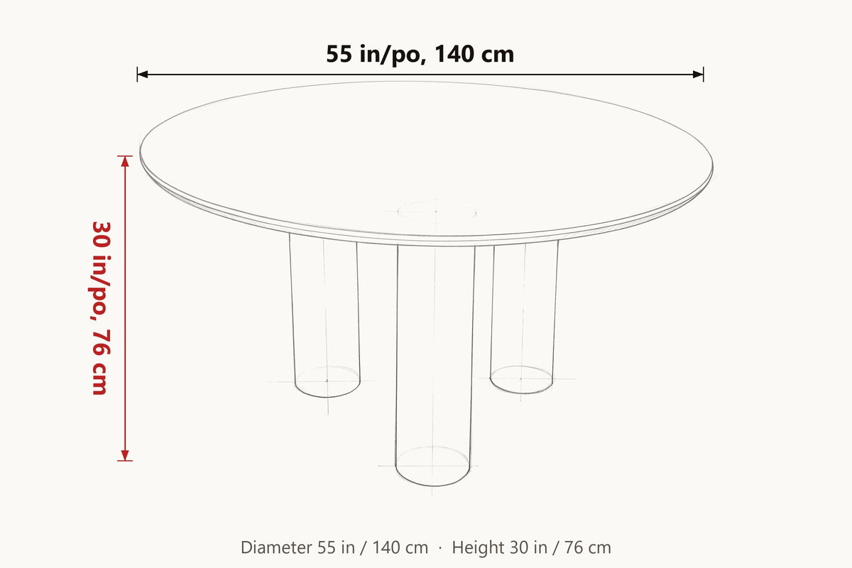 Atzara Round dimensions on a pencil sketch of the table: 55 in across, 30 in high