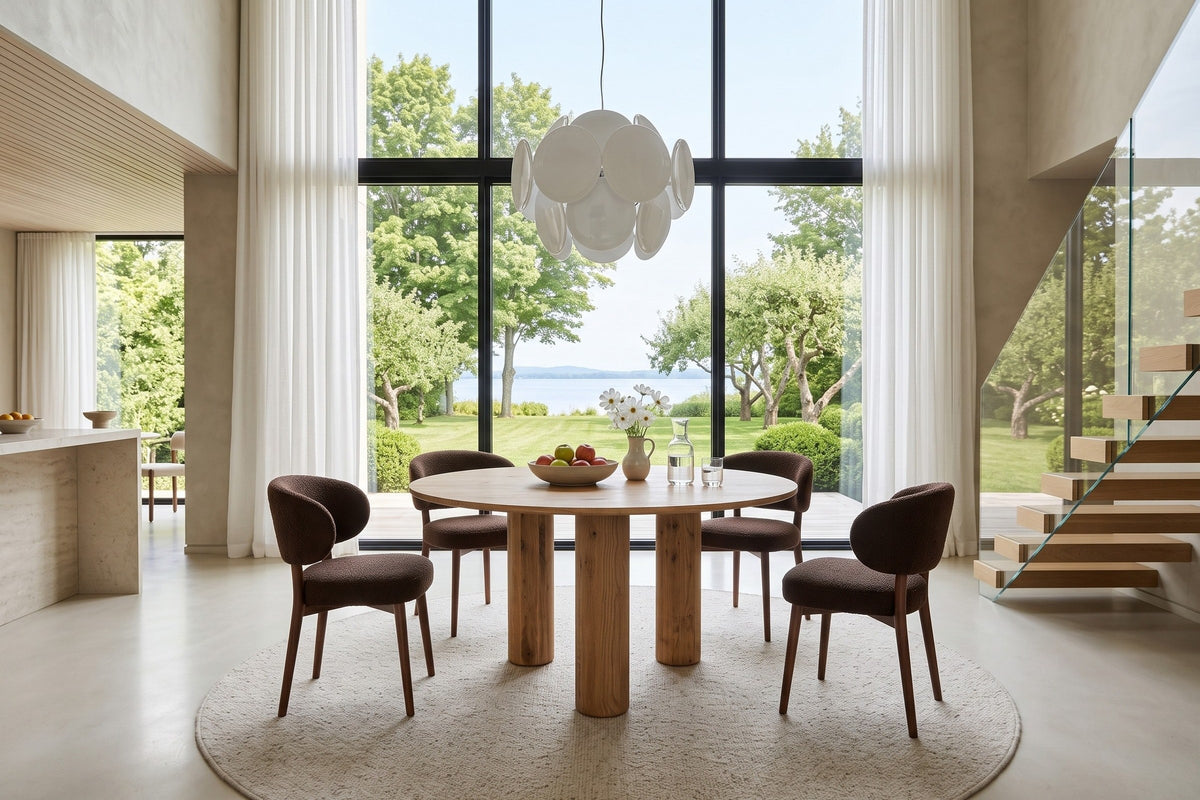 Atzara round dining table in a Hudson house on the Lake of Two Mountains
