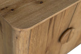 Close-up of a rounded corner of the Atzara top in Natural, with knots in the oak grain