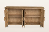 Atzara sideboard in Natural with all four doors open on a warm white studio backdrop, showing a shelf on each side