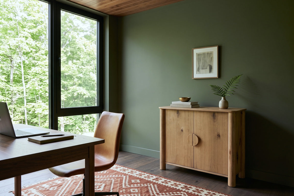 Atzara Small sideboard in Natural against an olive-green wall in a study in Eastman, with a walnut desk, a leather chair