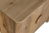 Close-up of a rounded corner of the Atzara Small top in Natural, with knots in the oak grain