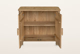 Atzara Small sideboard in Natural with both doors open on a warm white studio backdrop, showing one shelf inside