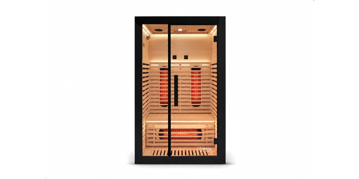 Front view of Valencia Aura two-person black infrared sauna