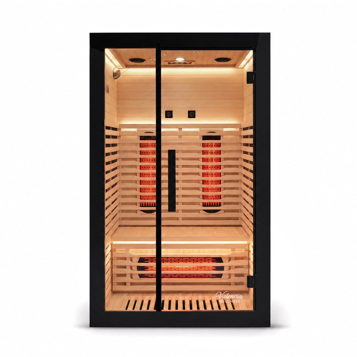Front view of Valencia Aura two-person black infrared sauna