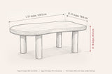 Bagnoregio dimensions on a pencil sketch of the coffee table: 51 in long, 31 in deep, 18 in high, top 2.6 in thick