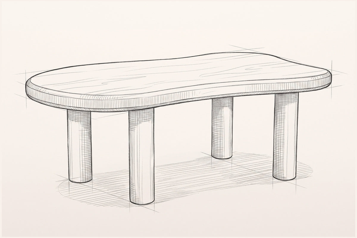 Pencil sketch of the Bagnoregio coffee table, three-quarter view from above