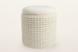 Balme round storage pouf in Ivory on a warm white studio backdrop: a square waffle-knit drum with a domed knitted lid