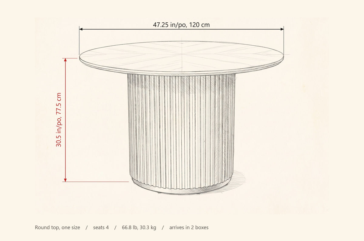 Bardolino dimensions: 47.25 in round, 30.5 in high, 66.8 lb