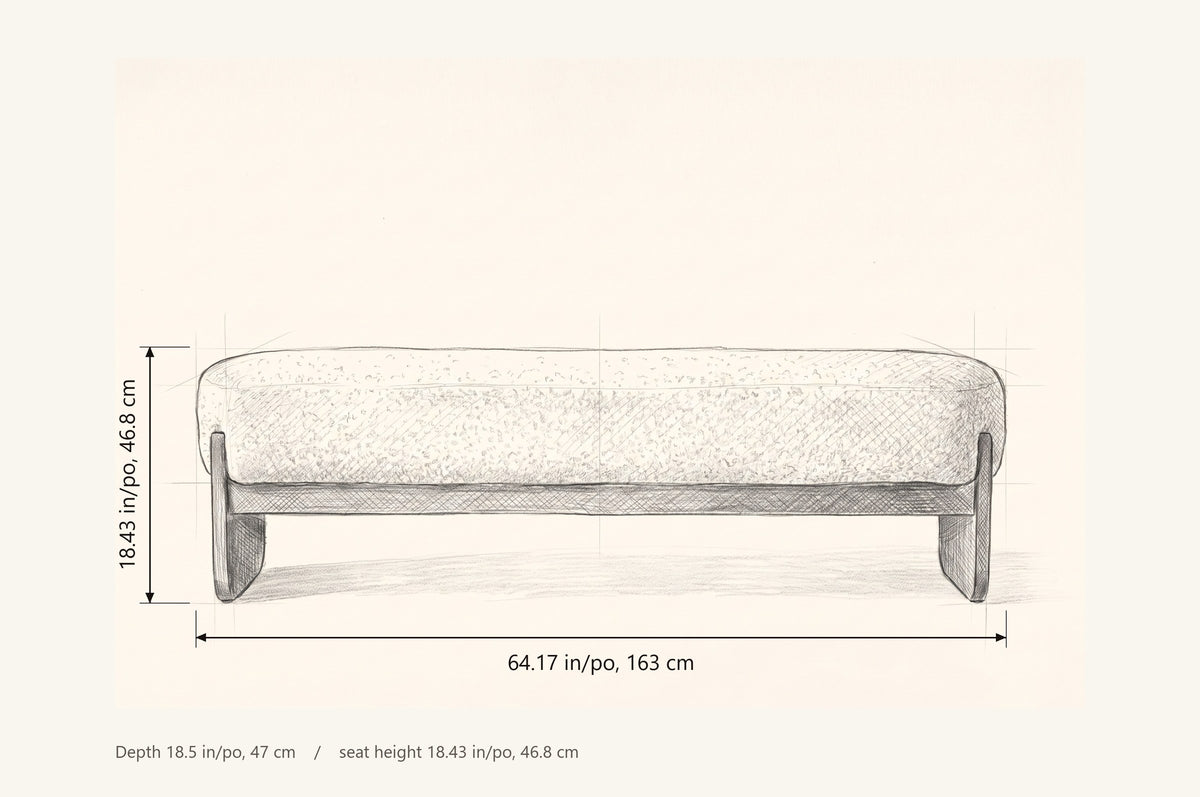 Bassano bench dimensions: 64.17 in long, 18.43 in high, 18.5 in deep