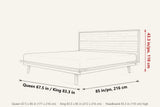 Bassiano dimensions on a pencil sketch of the bed: Queen 67.5 in wide, King 83.3 in wide, 85 in long, headboard 43.3 in high