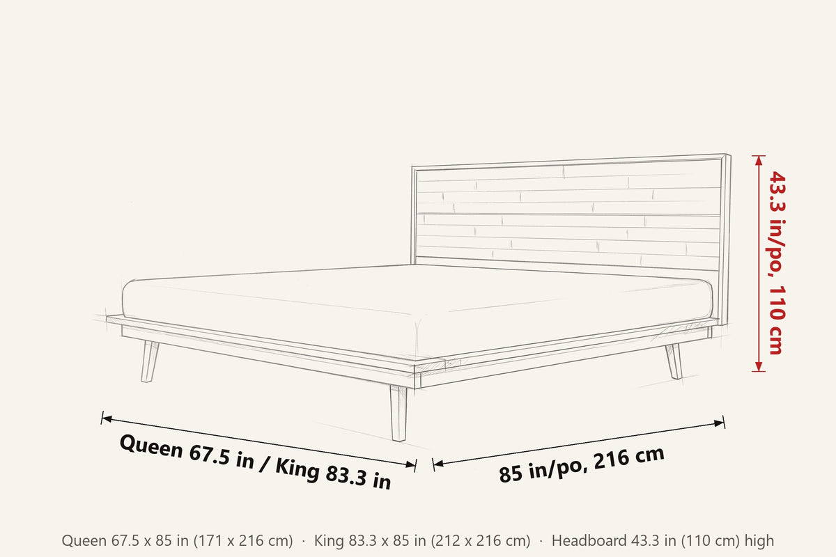 Bassiano dimensions on a pencil sketch of the bed: Queen 67.5 in wide, King 83.3 in wide, 85 in long, headboard 43.3 in high