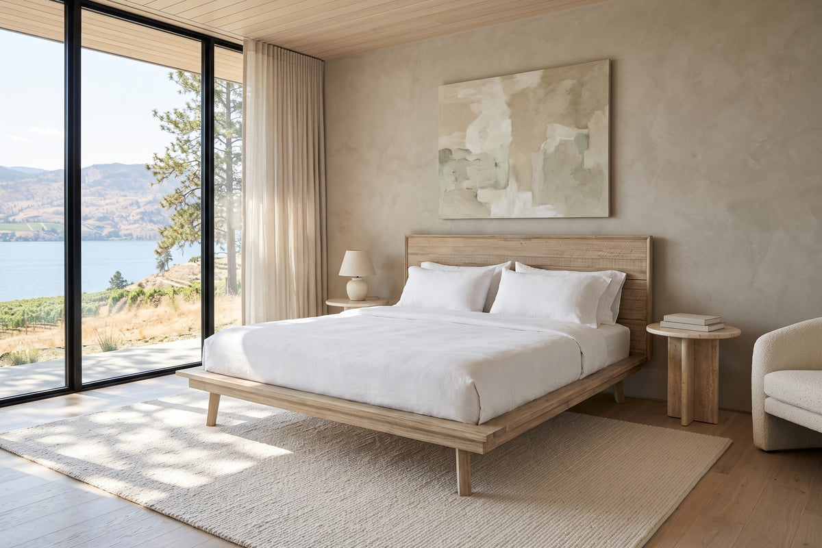 Bassiano bed in Light Driftwood in a bedroom in a Kelowna lakeside house, three-quarter view from the foot corner