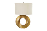 Bastien antique brass open ring table lamp with off-white linen shade, front view