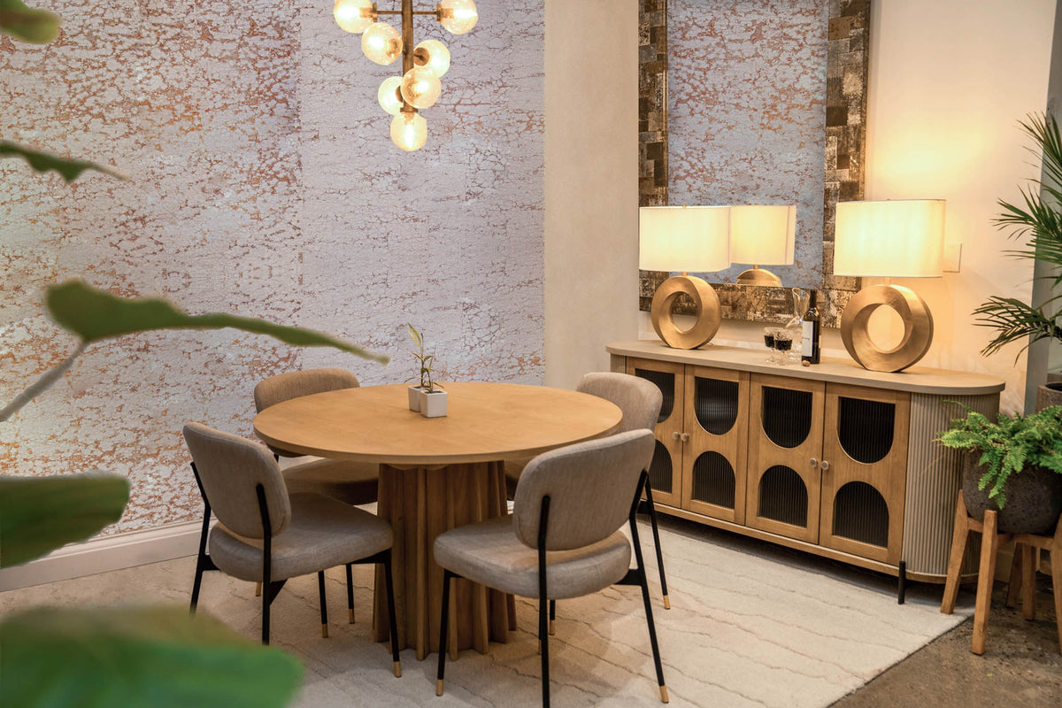 Bastien table lamps glowing on a dining room sideboard in the evening