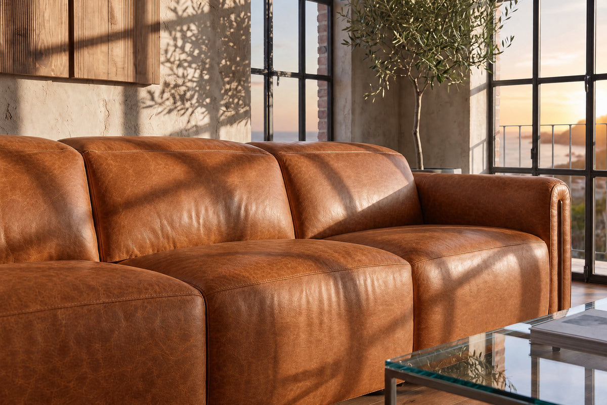 Octavia Distressed Italian Aniline Leather Reclining Corner Sectional Sofa